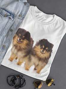 Camiseta para Mujer con Imagen de Lindos Cachorros Pomerania - Imagen de Shutterstock, Talla Grande para Mujer - Blanco - Ver 3