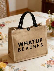 大容量托特包，黑色文字印花「WHATUP BEACHES」，便攜式大容量購物袋，多功能收納袋，亞麻手把托特包，適合海灘旅行、度假、野餐、超市購物、日常攜帶，輕量夏季女款托特包，生日禮物、返校季、海灘玩樂、婚禮蜜月旅行、教師節禮物 - 彩色 - 查看 4