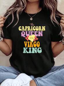 Camiseta Vintage de Algodón para Mujer, Diseño Gráfico de la Reina Capricornio en Virgo, Talla Grande, Cuello Redondo, Manga Corta, Regalo de Cumpleaños, para Entusiastas de la Astrología, Casual, Cómoda, Transpirable, 100% Algodón, 220g, para Uso Diario - Negro - Ver 1