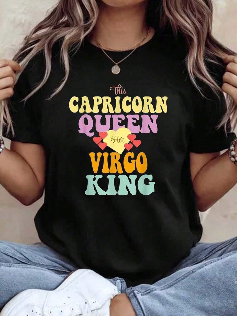 Camiseta Vintage de Algodón para Mujer, Diseño Gráfico de la Reina Capricornio en Virgo, Talla Grande, Cuello Redondo, Manga Corta, Regalo de Cumpleaños, para Entusiastas de la Astrología, Casual, Cómoda, Transpirable, 100% Algodón, 220g, para Uso Diario - Negro - Ver 1