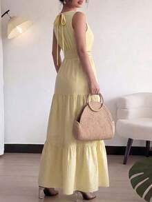 Vestido de mujer de verano con cuello redondo, sin mangas, con encaje en la cintura y bolsillo, elegante y romántico, adecuado para uso diario, citas y vacaciones - Amarillo - Ver 2