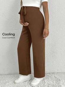 Pantalones anchos para mujer embarazada con detalle de nudo en la cintura, de unicolor y corte suelto - Camel - Ver 6