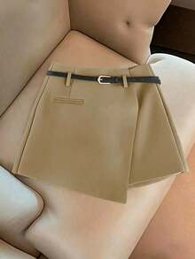 Pantalones con falda asimétrica de moda casual para ir al trabajo, pantalones cortos multifuncionales para mujer, pantalones con falda a juego sin cinturón - Marrón - Ver 1