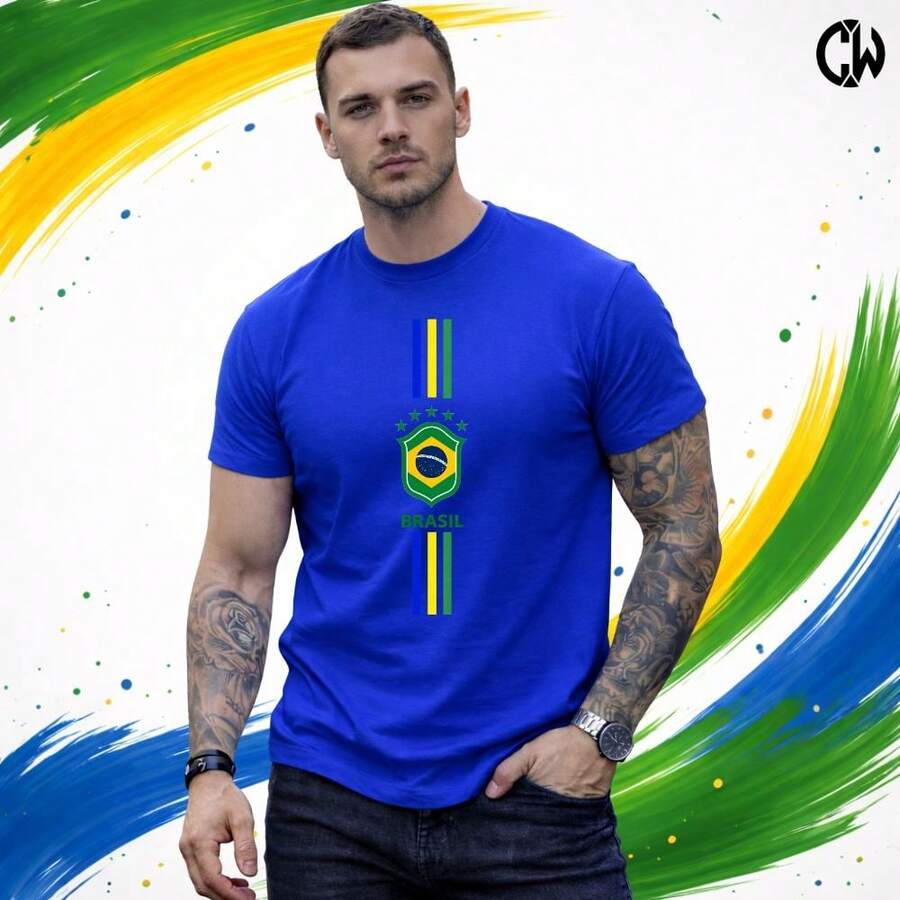 Brazil World Cup Soccer T-Shirt - New Release - 100% Cotton - 藍色 - 查看 1