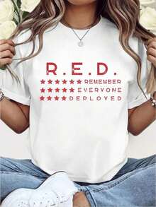 Oversized Short Sleeve T-Shirt - Friday We Wear Red Remember All Deployed Personnel, Red Friday T-Shirt, RE Commemoration T-Shirt, Fashionable Loose Top For Women, Comfortable For Everyday Wear, Suitable For Casual Activities, Breathable And Slightly Stretchy, Machine Washable, 100% Cotton - 白色 - 查看 6