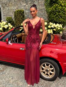 UNITHORSE Women's Sequin Patchwork Elegant Waist Cinched Evening Gown - Burgundy - View 5