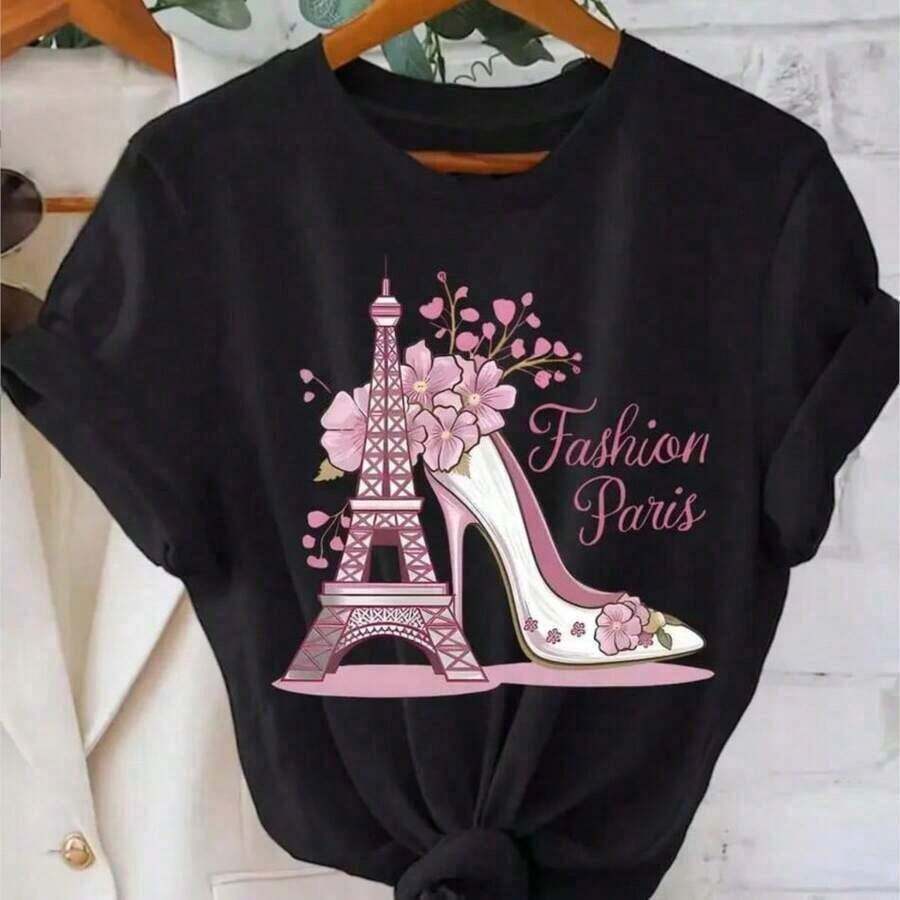 Women's Funny California Los Angeles Letter Print T-Shirt, Fashionable Round Neck Short Sleeve T-Shirt, Plus Size Casual Tee, Summer Clothes For Women, 100% Cotton - 黑色 - 查看 1