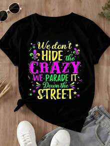 Camiseta TrendyWomen: No Ocultamos La Locura, La Desfilamos Por La Calle. Estampado De Lirios Y Estrellas. Para Fiestas, Celebraciones, Uso Casual Y Diario. - Negro - Ver 4