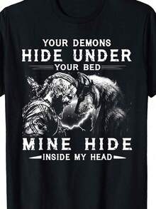 Camiseta gráfica Vikinglf para hombres - Manga corta, Polyester suave y cómodo, impresión audaz "Debajo de la cama", ideal para el ocio, viajes, fitness - Regalo perfecto para padres y amigos, ropa de guerrero |       Diseño audaz |       Tela suave - Negro - Ver 1