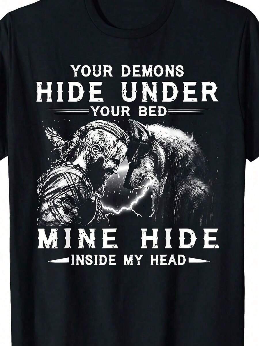 Camiseta gráfica Vikinglf para hombres - Manga corta, Polyester suave y cómodo, impresión audaz "Debajo de la cama", ideal para el ocio, viajes, fitness - Regalo perfecto para padres y amigos, ropa de guerrero | Diseño audaz | Tela suave - Negro - Ver 1