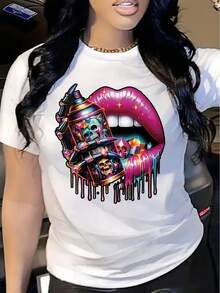 Camiseta de Talla para Mujer con Estampado de Labios Brillantes y Calaveras - Rosa Brillante y Negro, Cuello Redondo, Manga Corta, Estilo Casual, Artículo Único y Moderno para Primavera y Verano, Regalo de Cumpleaños, Lavable aáquina para Uso Diario - Camiseta Vintage de Estilo Urbano Unisex, Holgada, de Algodón, Manga Corta y Cuello Redondo - Blanco - Ver 7
