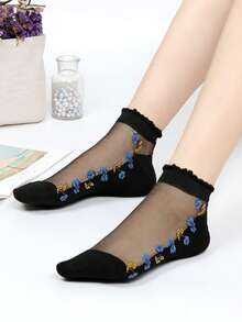 1/5 Pairs Random Women's Short Socks, Black Crystal Silk Embroidered Floral Pattern Glass Silk Thin Breathable Moisture-Wicking Fashion Socks, Suitable For Daily Wear - Multicolor - View 5