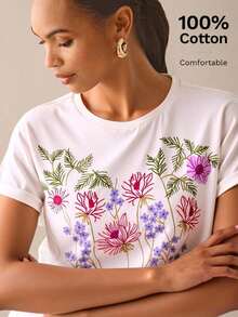 Soft  Camiseta de manga corta de cuello redondo informal de verano con bordado floral pattern - Blanco - Ver 7