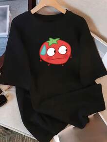 Camiseta Oversize de% para Mujer con Gráfico de Tomate de Dibujos Animados - Cuello Redondo Suave y Transpirable, Manga Corta Casual, Estilo Juvenil Urbano Lavable aáquina, Ajuste Relajado, Material Cómodo, Top Moderno, Ropa de VeranoDaily Casual Round Neck Short Sleeve-Shirt Women - Negro - Ver 1