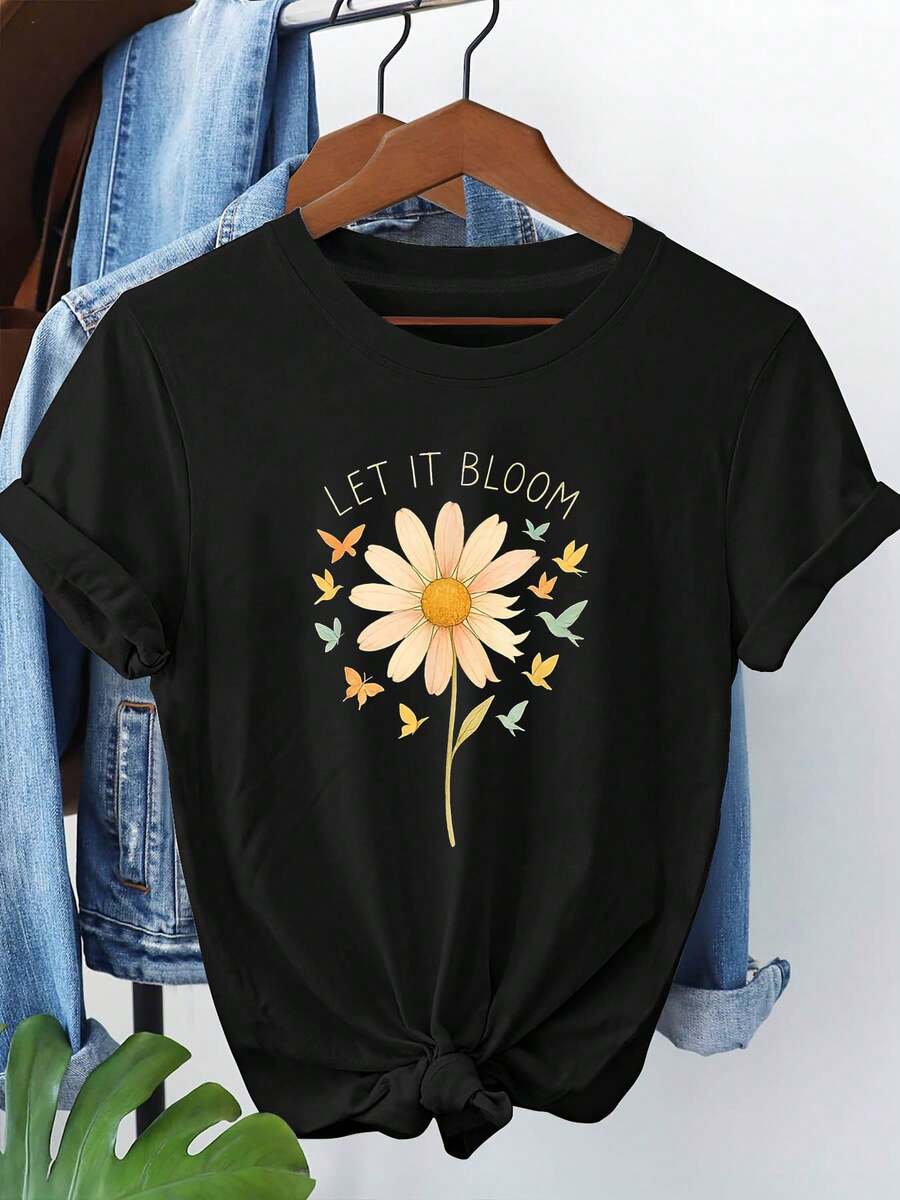 Una camiseta de manga corta para mujer, moderna, a la moda, retro, casual y holgada, adecuada para actividades al aire libre en primavera y verano, con un estampado de mariposas y flores estilo acuarela "LET IT BLOOM".Una camiseta de primavera-verano para mujer, ideal para el día a día y el estilo urbano.blusas para mujer,blusas casuales para dama,tops,, mujer premium,y2k,playeras de mujer curvy,ofertas y liquidaciones ropa mujer,playeras deportivas para mujer,,playeras de hombre, mujer,blusas>elegante NHKQ - Negro - Ver 1