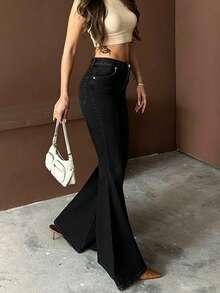 Quần jeans ống loe nữ cạp cao, co giãn, màu đen tuyền, phong cách cổ điển Y2K, thích hợp cho kỳ nghỉ, đi biển, dạo phố, gợi cảm, mùa hè 2026. - màu đen - Xem 4