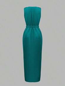 Vestido de verano casual y elegante para mujer con cuello redondo, sin mangas, bolsillo en diagonal y cierre de botón monobotonado - Turquesa - Ver 3