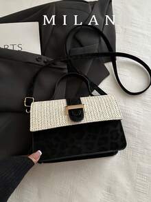 2026 New Straw Leopard Print Handbag, Fashionable Shoulder Bag, Solid Color Small Square Crossbody Bag For Women - Black - View 3