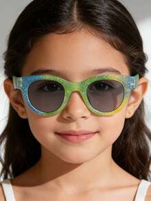 1 pieza Gafas de moda redondas personalizadas con purpurina retro para niños y niñas de 6-10 años, montura de policarbonato ligera, lentes con tinte suave, adecuadas para juegos al aire libre en vacaciones con estuche para gafas - Multicolor - Ver 14