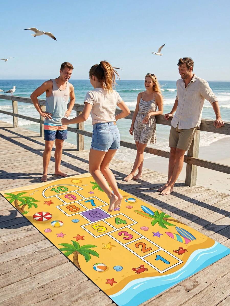 1pc Tropical Beach Digital Hopscotch Game Mat, Hawaiian Style Polyester Rectangular Carpet, Suitable For Hawaiian Vacation, Family Gathering, Spring/Summer Picnic, Adult Group Games, Ocean Theme Party And Cruise Theme Event - Multicolor - View 1