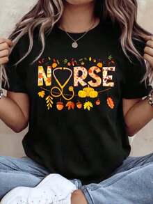 100% algodón puro, camiseta de mujer unisex, informal, de manga corta, con estampado de hojas de otoño, estetoscopio y corazón, regalos para familiares y amigos, ropa cómoda para todas las estaciones, adecuada para usar en fiestas en casa. - Negro - Ver 1