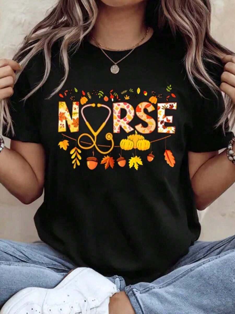 100% algodón puro, camiseta de mujer unisex, informal, de manga corta, con estampado de hojas de otoño, estetoscopio y corazón, regalos para familiares y amigos, ropa cómoda para todas las estaciones, adecuada para usar en fiestas en casa. - Negro - Ver 1