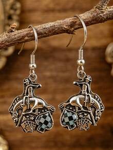1 Pair Vintage Cowboy Rider Earrings, Distressed Checkered Black & White Dangle Earrings - Silver - View 1