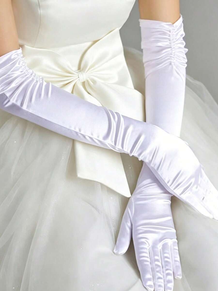 1 双女士缎面长款褶皱手套，优雅透气薄纱手套，适用于婚礼摄影和礼仪场合
