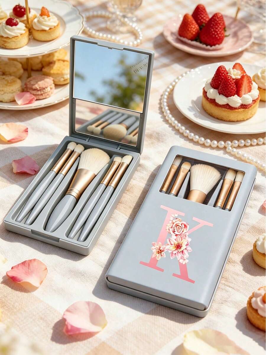 Portable Makeup Brush Set With White Daisy Flower And Letters A-Z, Includes Mirror, Boxed Multi-Functional Makeup Brush Set, Mini Multi-Functional Makeup Pen, Foundation Brush, Eyeshadow Brush, Basic Makeup Tool Blending Brush, Makeup Stand Makeup Storage Including Makeup Brushes, Convenient Makeup Tool Gift Set For Girls, Portable Travel Essential - Multicolor - View 1