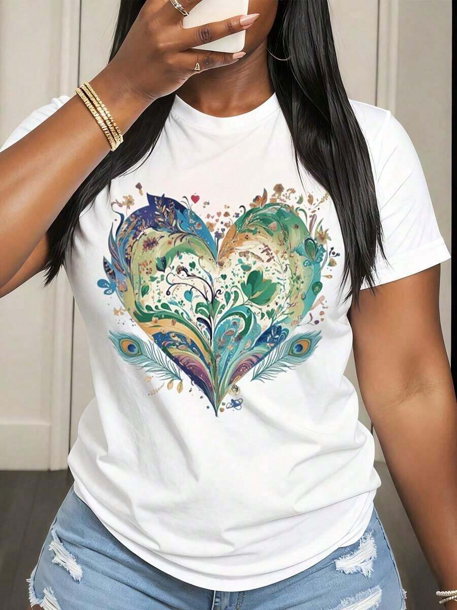 Camiseta de Mujer con Diseño Floral de Corazón de Pavo Real, Estilo Casual de Verano, Estampado Gráfico, Cuello Redondo Blanco, Camiseta de Moda para Uso Diario y Ocasiones Especiales. - Blanco - Ver 1