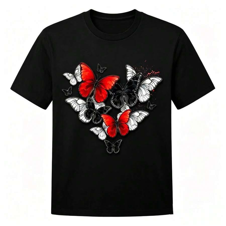 Playera Mujer 100% Algodón, Mariposas Forma Corazón Rojo Negro Blanco, Estampado Elegante, Cuello Redondo Manga Corta Casual - Negro - Ver 1