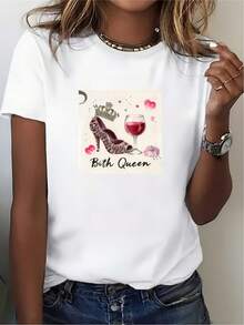 Camiseta de 180g con estampado de reina con vino y tacones altos -- su regalo de cumpleaños perfecto, camiseta para fiestas familiares y corporativas, ropa divertida para el Día de la Independencia para mujeres. - Blanco - Ver 7