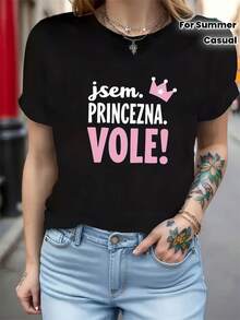 Soy una princesa. ¡Por favor! Camiseta de manga corta para mujer con cuello redondo y estampado de texto para primavera/verano. - Negro - Ver 3