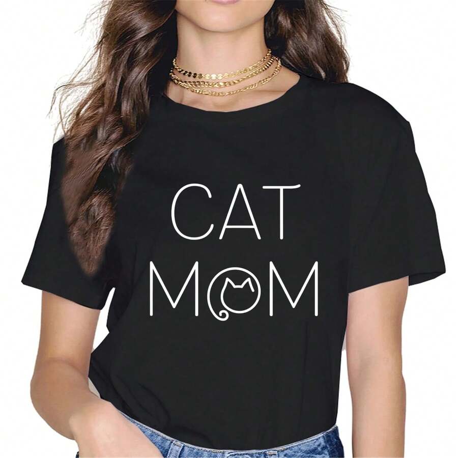 Camisetas para Mujer, Camiseta Divertida para Mamá de Gatos, Camiseta con Gráficos para Amantes de Gatos, Camiseta Casual de Manga Corta con Cuello Redondo, Regalo, Color Negro, Talla X-Large - Negro - Ver 1