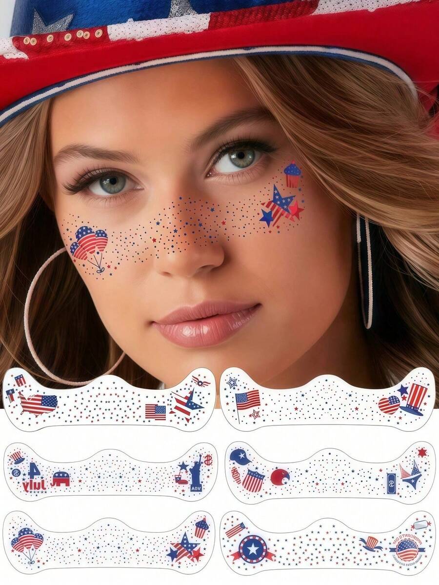 6 Sheets Freckles Face Tattoo 4th Of July Decorations Star Face Stickers Freckle Tattoo Independence Day Accessories For Party Festivals Freckle Makeup - Multicolor - View 1