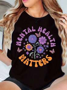 Camiseta de Mujer ModernoWomen's con Estampado Floral 'La Salud Mental Importa', Cuello Redondo, Manga Corta, Estilo Casual, 220g, Ropa Casual - Negro - Ver 6