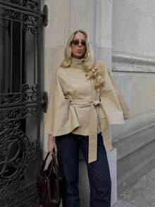 Women's Elegant Solid Color Stand Collar Belted Short Cape Jacket, Solid Color Belt, Front Button Closure, Suitable For Daily Wear - Khaki - View 2