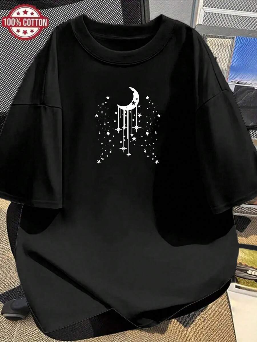 Camiseta de Mujer con Estampado Fresco, Manga Corta, 100% Algodón Puro, Suave y Amigable con la Piel, Transpirable, Cuello Redondo Clásico y Cómodo, Lavable a Máquina, con Estampados de Luna Creciente y Estrellas, Estilo Casual Sencillo para el Día a Día, Adecuada para Paseos en el Parque, Relajación en Casa, Festivales de Música, Vacaciones en la Playa y Otras Ocasiones. - Negro - Ver 1