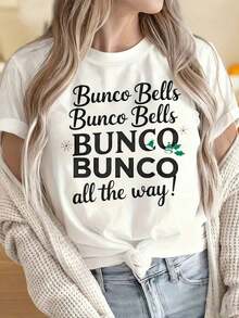 Camisetas para Mujer y Hombre con Cuello Redondo y Mangas Cortas, Camiseta Navideña Bunco Bells Bunco Bunco Bunco All The Way para Mujer, Camiseta Divertida para Fiestas, Regalo para Juegos Divertidos, Estampados Divertidos Adecuados para Fiestas Navideñas, Actividades Deportivas, Fiestas de Vacaciones, Salidas, Deportes y Otros Regalos Navideños. - Blanco - Ver 4