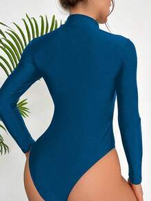 2026 Swim SPRTY Women's Minimalist Solid Color One-Piece Swimsuit With Zipper Closure, Suitable For Spring/Autumn Beach Vacation - Blue 2 - View 2