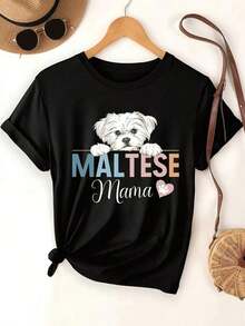 Camiseta de Algodón Estilo Vintage con Estampado de Eslóganes de Lisboa, Ropa de Tallas Grandes para Mujer, Camiseta Negra para Mujer con Estampado de Perro y Texto 'MALTESE Mama', Camiseta para el Día de la Madre, Regalo Perfecto para el Día de la Madre, Tops Vintage de Verano para Mujer, Ropa Deportiva para Mujer, para Entrenar, Correr, Económica, Camisetas Gráficas para Mujer, Conjuntos de Verano para Mujer para el Uso Diario de Verano - Negro - Ver 3