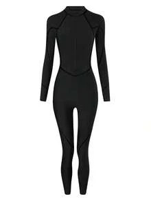 Traje de baño de una pieza deportivo con cremallera frontal y ribete de contraste de unicolor para vacaciones y playa - Negro 2 - Ver 8