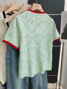 Blusa de punto holgada de cuello redondo y manga corta con diseño de corazón hueco y ribete de contraste en beige para mujer, suéter de manga corta para primavera/verano, últimas blusas de mujer, nuevas llegadas de blusas de punto para mujer - Verde - Ver 2