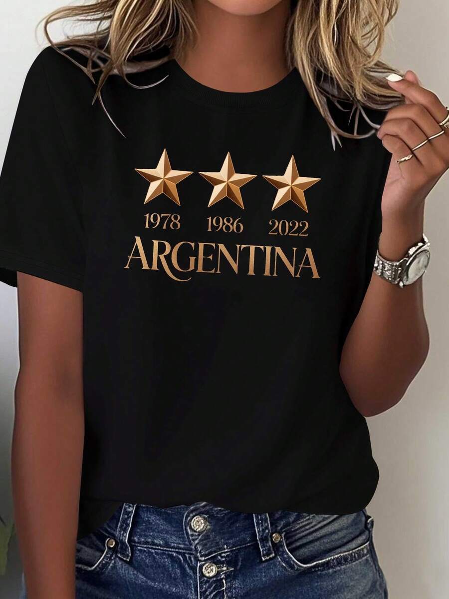 Camiseta Pura de Mujer Estrellas de Argentina - Top Casual de Manga Corta con Diseño del Logo del Equipo Argentino, Emblema de Estrella, Ropa Cómoda y Lavable a Máquina para Eventos y Vestimenta de Aficionados