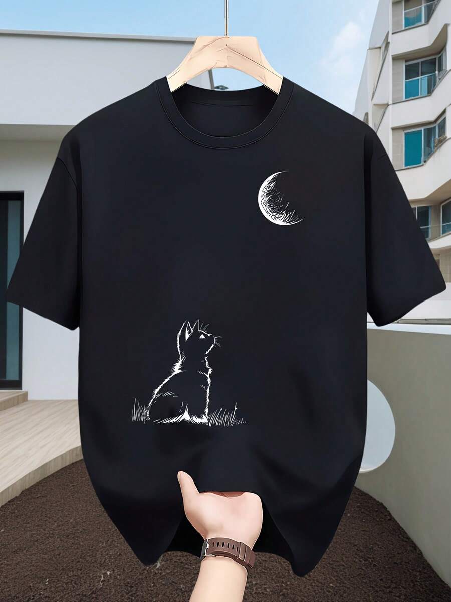 Camiseta de secado rápido transpirable de ajuste holgado para hombre, adecuada para usar, con estampado de gato de arte lineal minimalista, cuello redondo, manga corta, lavable a máquina, blusa casual para atuendos versátiles de diario