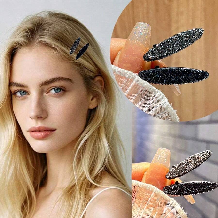 Bộ 2 kẹp tóc hình bầu dục nhỏ xinh xắn, đính đá lấp lánh, màu trơn, kiểu dáng tối giản, dùng cho tóc mái.