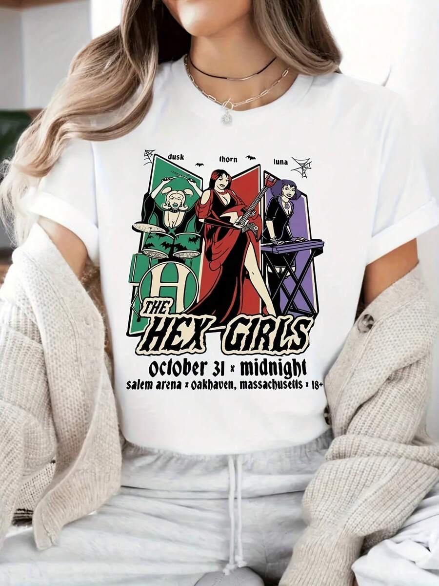 Camiseta de impresión gráfica, manga corta con cuello de tripulación informal para verano y primavera, ropa para mujeres - Blanco - Ver 1