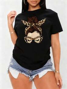 Mexican Basic Women's Summer Loose Fit Crew Neck Short Sleeve T-Shirt With Simple Slogan Print, Casual Vacation Style. Fashionable Blouse Suitable For Everyday Wear And Vacations. New Release - 黑色 - 查看 6