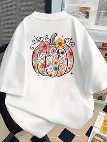 Camiseta estampada de manga corta con diseño de flores de calabaza, diseño floral de otoño - camiseta estampada de moda para mujer, primavera/verano, artículo de moda, ropa casual versátil, 100% algodón. - Blanco - Ver 2
