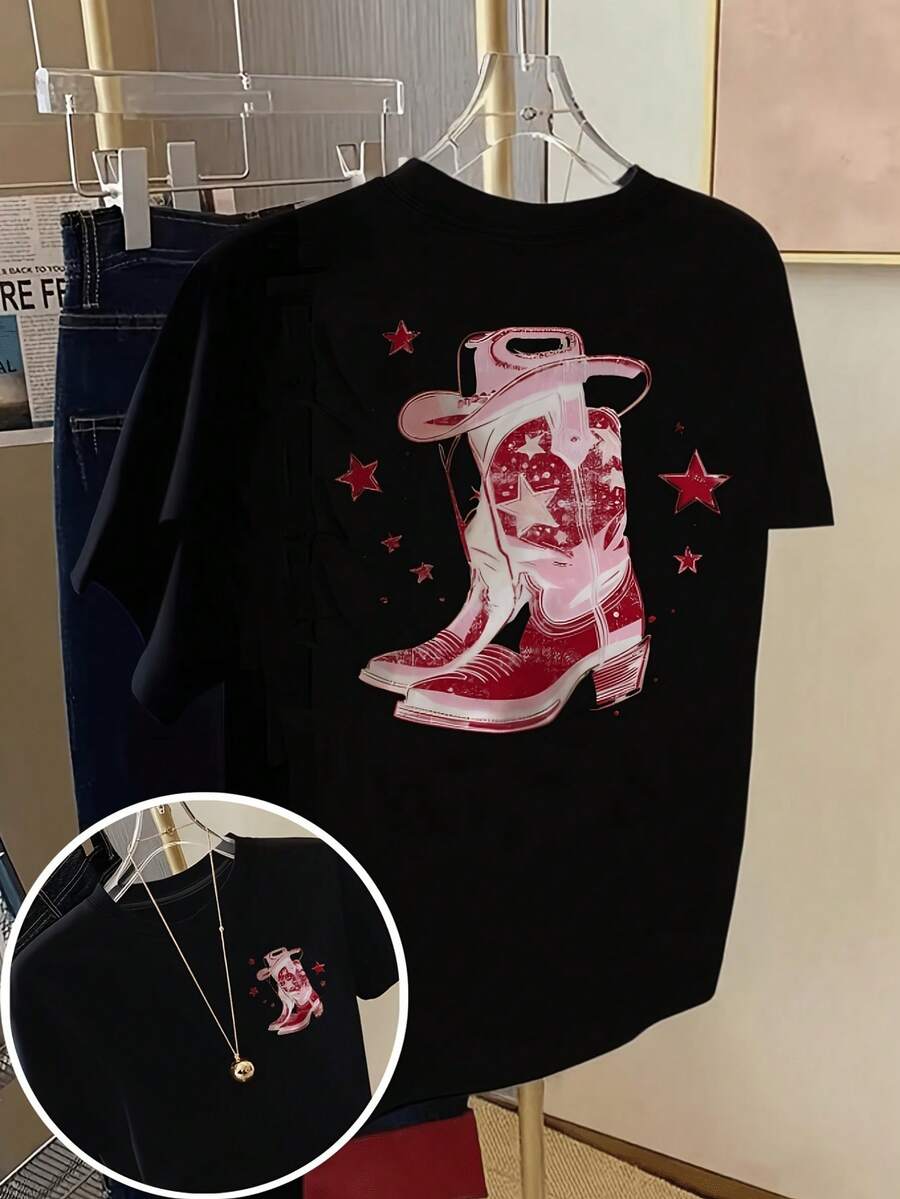 Camiseta de mujer con estampado de verano de doble cara - estampado vintage de bota vaquera rosa, adecuada para primavera y verano, la ropa de mujer es sencilla, cómoda, holgada, camiseta de cuello redondo en forma de Y 100% algodón. - Negro - Ver 1